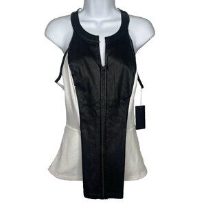 Guess Zip Up Peplum Blouse Top Size L White Black Vegan Faux Leather Sleeveless
